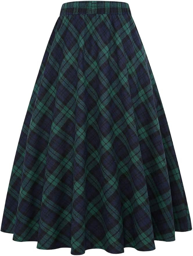 IDEALSANXUN Women’s Plaid Skirt Elastic Waist A-line Midi Pleated Skirts | Amazon (US)