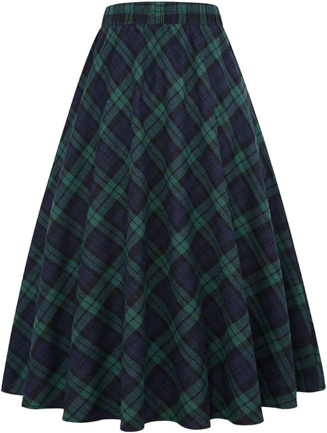 IDEALSANXUN Women’s Plaid Skirt Elastic Waist A-line Midi Pleated Skirts | Amazon (US)