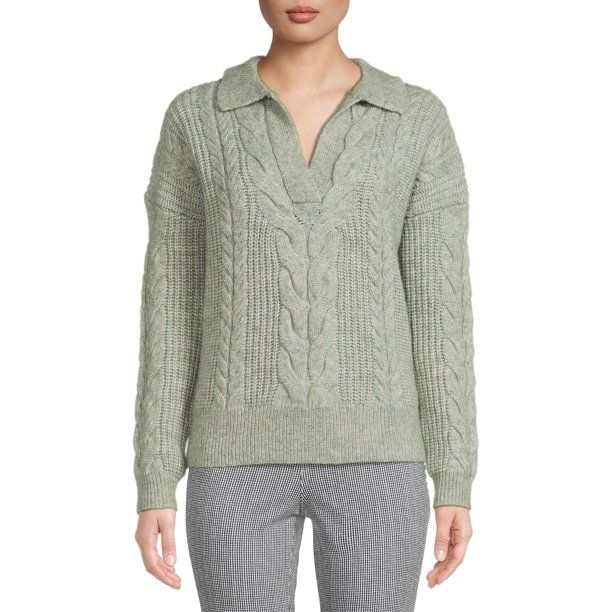 Time and Tru Women's Cable Stitch Polo Sweater - Walmart.com | Walmart (US)