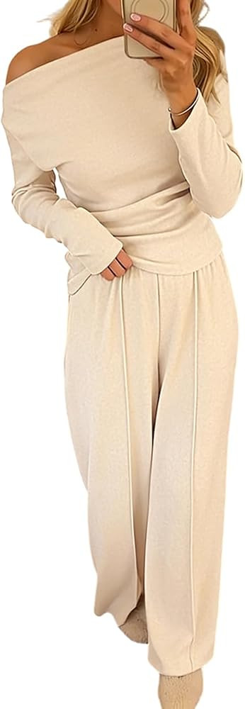 CHICME Womens 2 Piece Outfit Ribbed Knit Lounge Set Wide Leg Pants Set | Amazon (US)