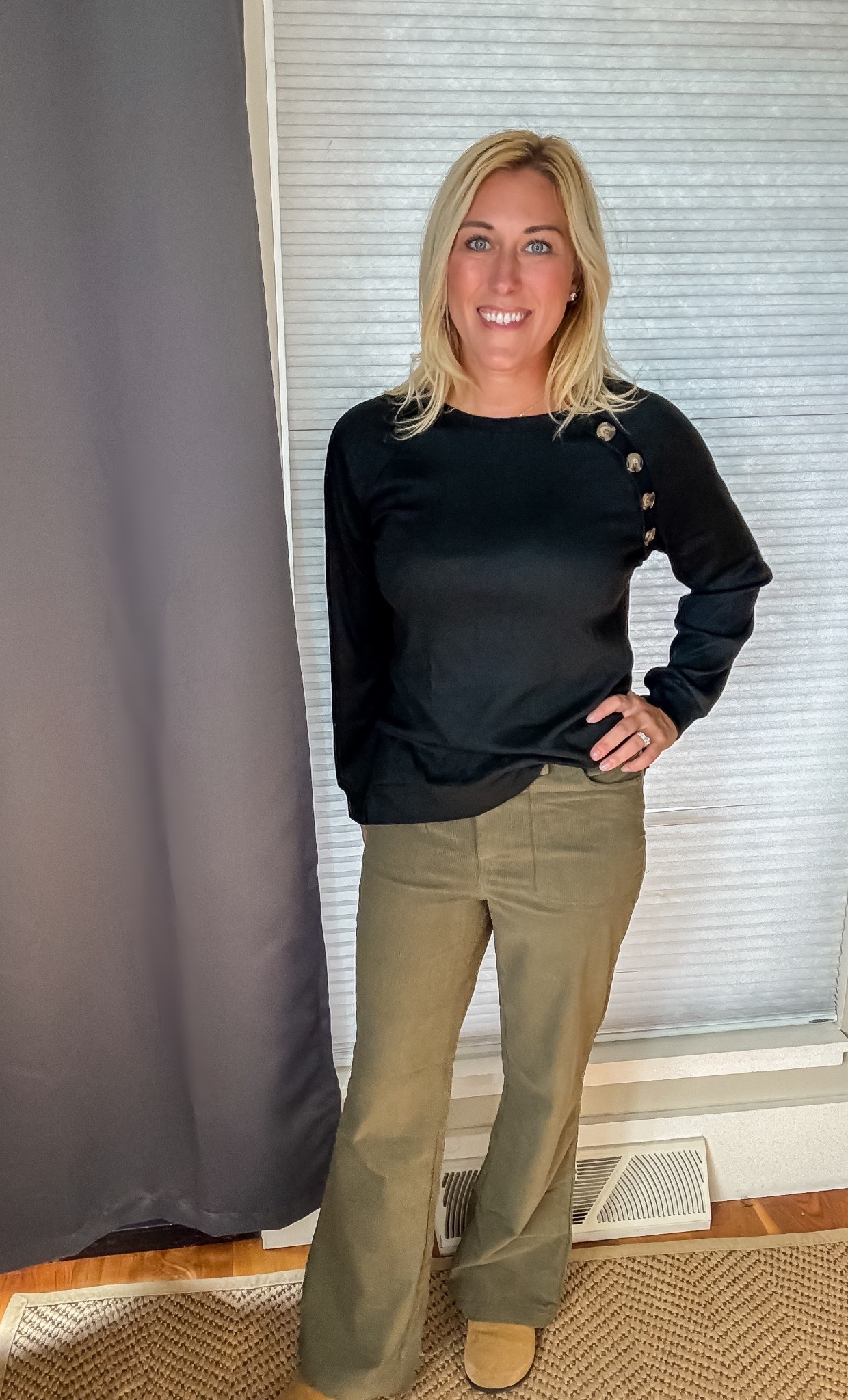 Comfy cords and a button-detail top make the perfect effortless fall outfit! 