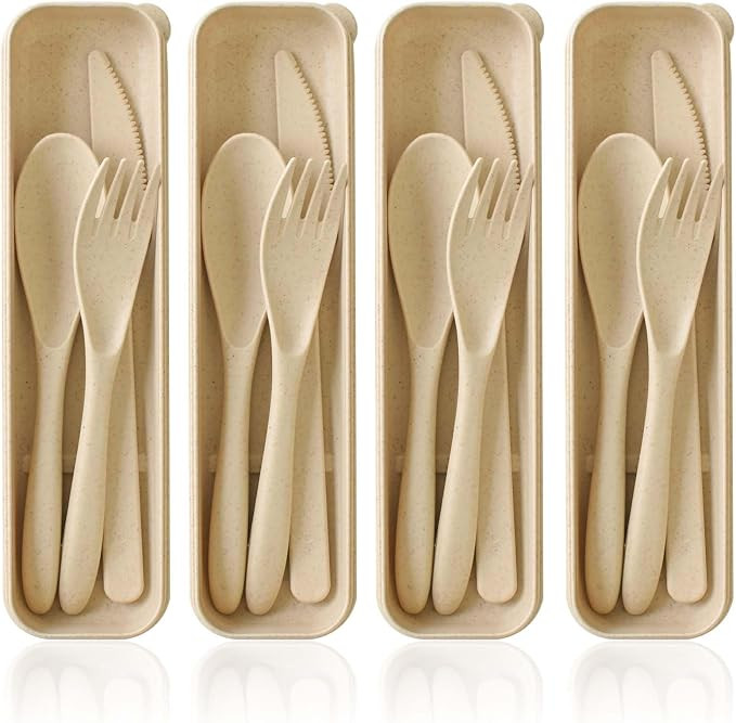 4 Pack Travel Utensil Set with Case, Reusable Spoon Knife Forks Tableware, Portable Cutlery for A... | Amazon (US)