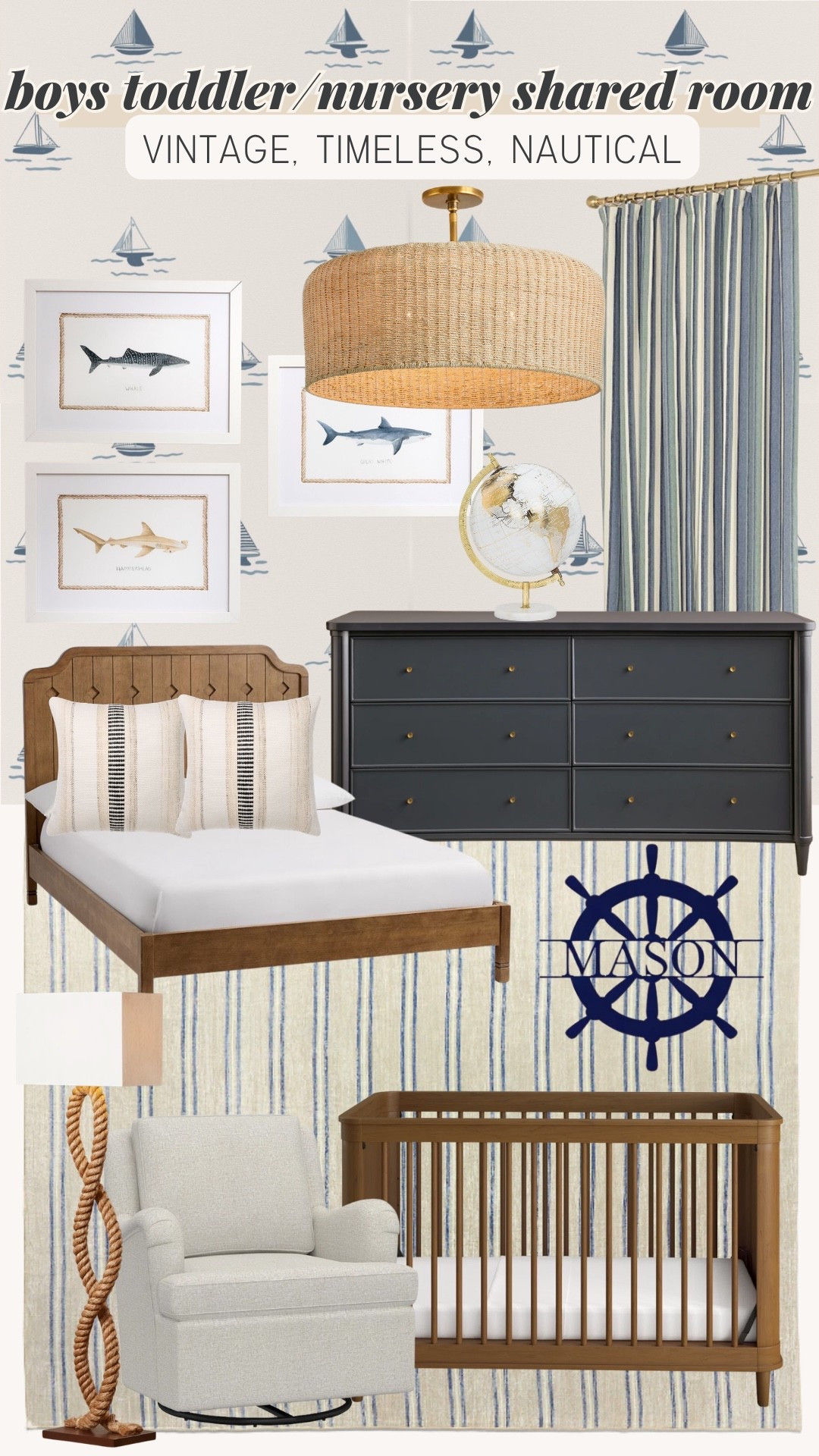 coastal boy room, boys bedroom, colorful coastal, vintage nautical, nautical bedroom, coastal kids room, timeless kids room, classic coastal, preppy bedroom, coastal decor, beach house style, vintage coastal, navy blue decor, striped bedding, sailboat decor, whale decor, lighthouse decor, coastal wall art, shiplap style, natural wood furniture, woven accents, rattan decor, heirloom style, collected home, layered decor, kids room inspiration, bedroom decor, boys room ideas, coastal aesthetic, cottage coastal, classic kids room, interior design, Wayfair, Amazon home, kids bedroom finds