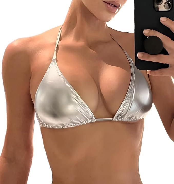 Women's Metallic Bikini Top - Halter Shiny Triangle Bralette Rave Tops Tie Side Swimsuit Bra | Amazon (US)