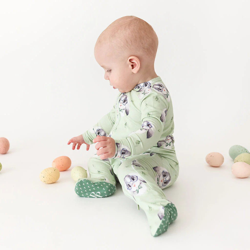 Bunny Green One Piece Baby Footie Pajamas | Benny | Posh Peanut