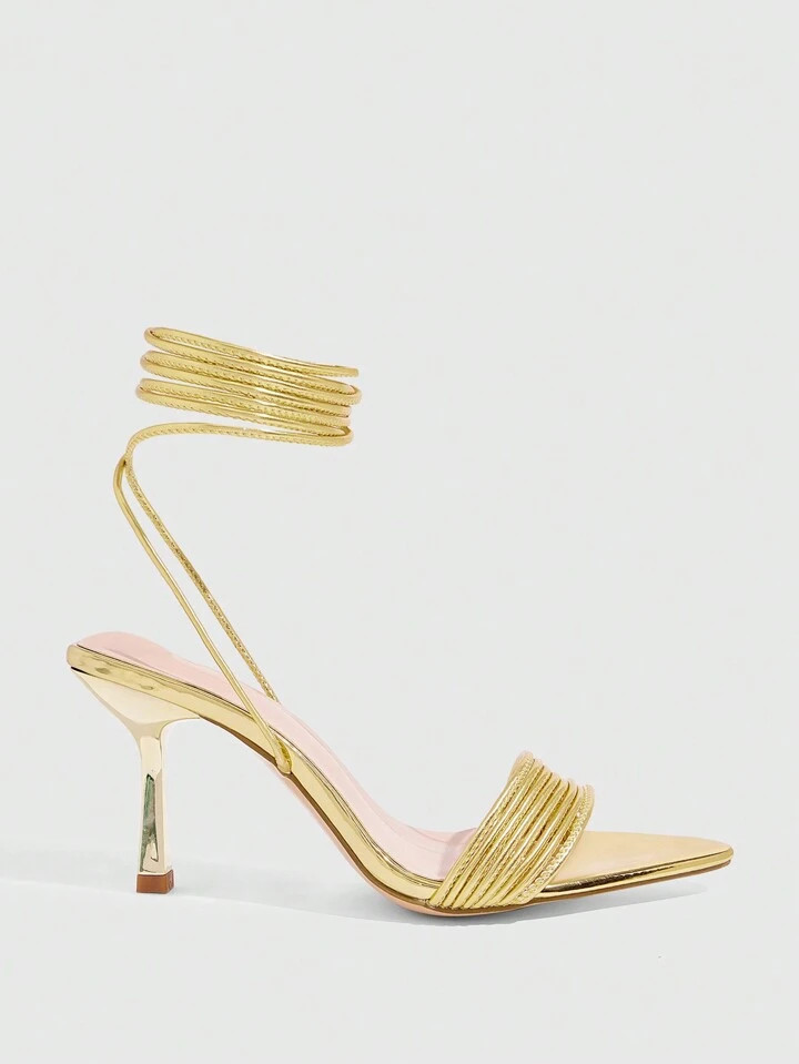 CUCCOO SZL Sexy Fashion Party Golden Pointed Toe High Heel Sandals With Rhinestones Strappy For Women | SHEIN