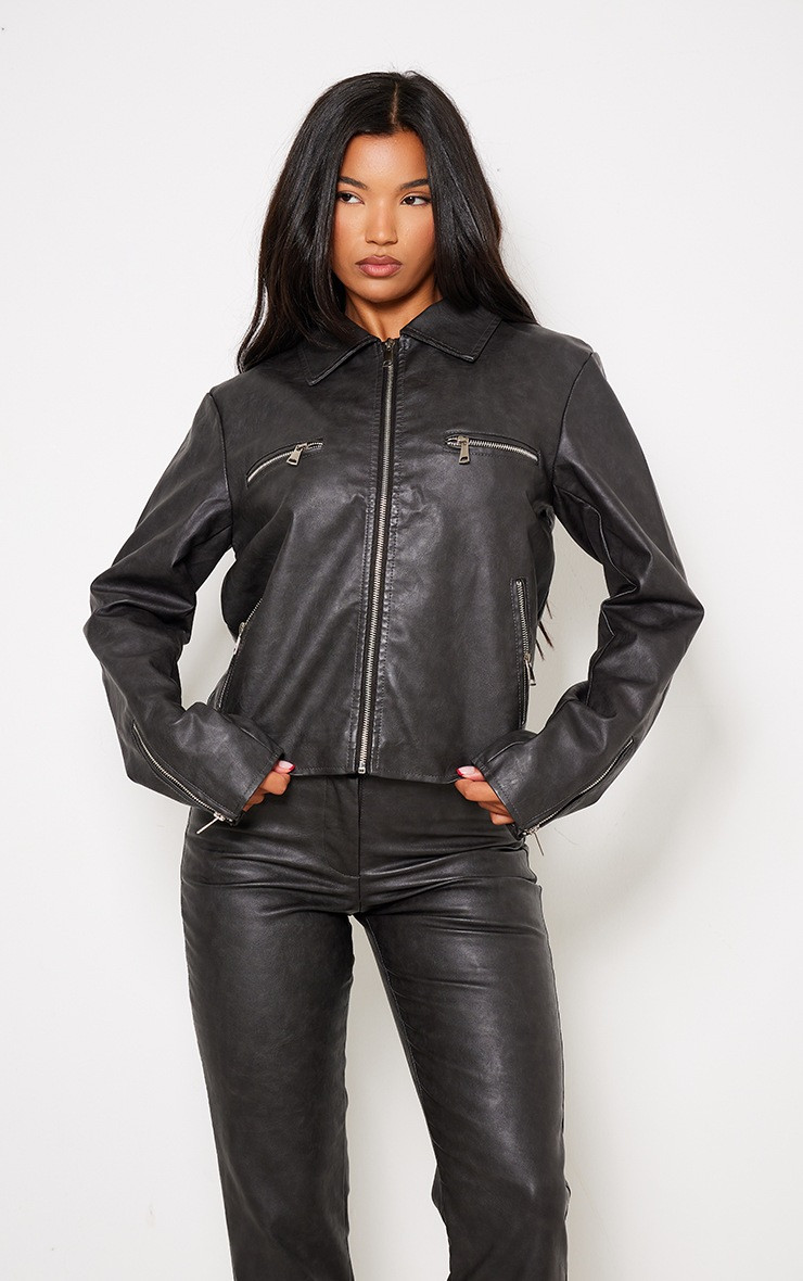 Premium Washed Black Faux Leather Zip Detail Biker Jacket | PrettyLittleThing US