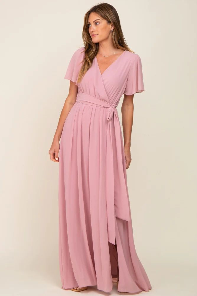 Pink Chiffon Short Sleeve Wrap V-Neck Front Slit Maternity Maxi Dress | PinkBlush Maternity