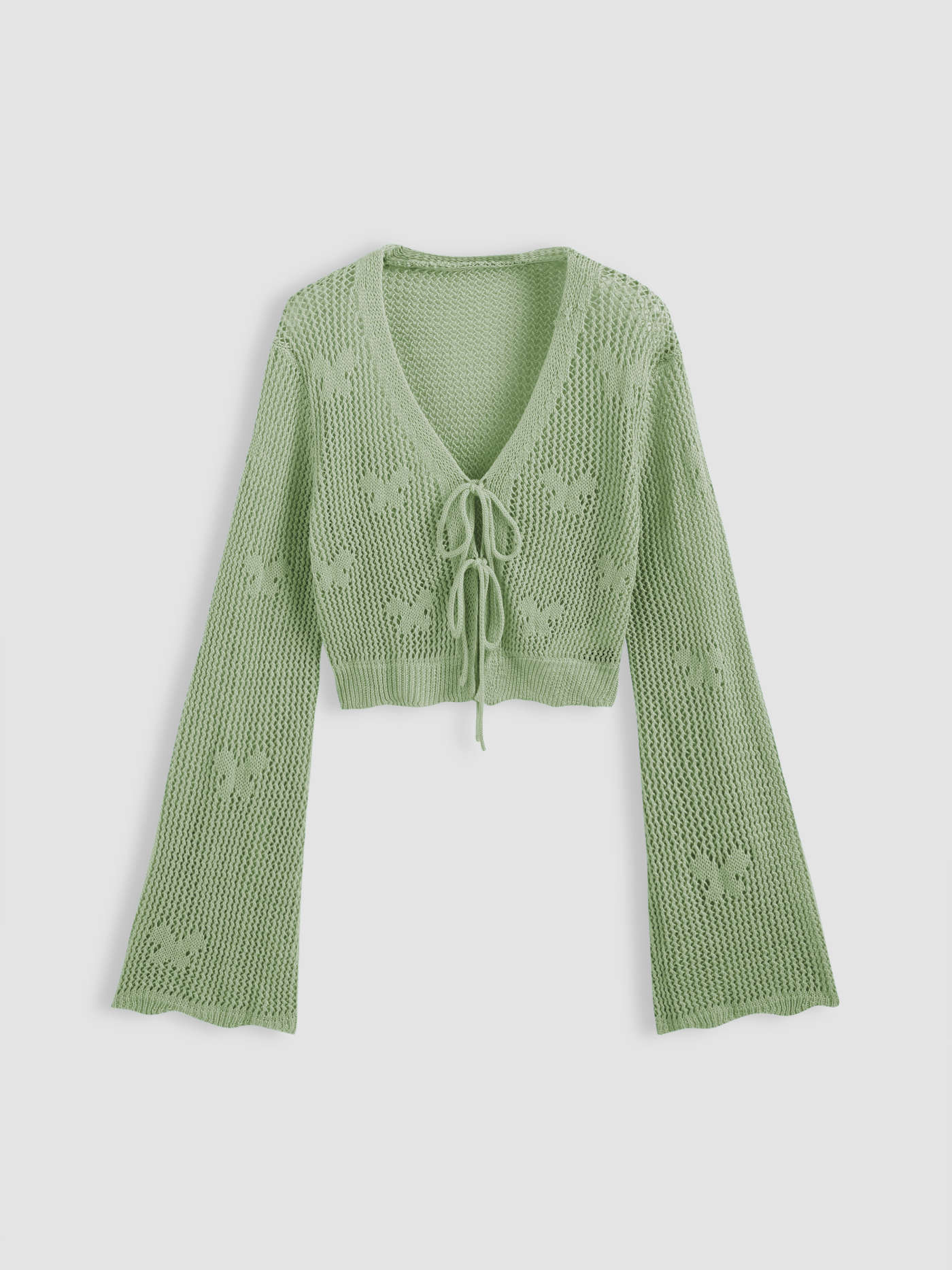 Solid Hollow Out Knit Knotted Cardigan... | Cider