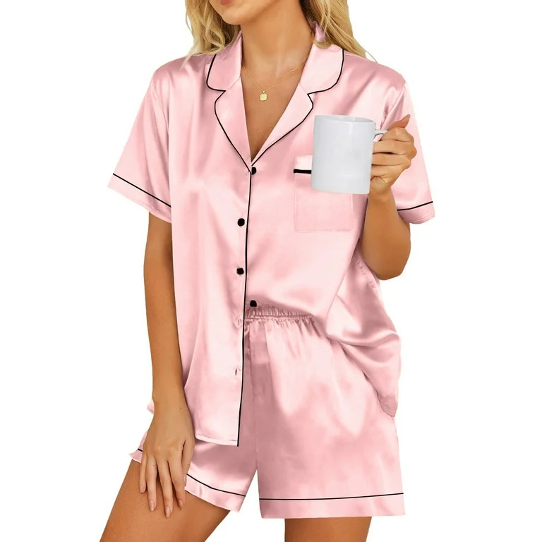 DAKIMOE Womens Silky Satin Pajama Set Short Sleeve Shirt with Shorts 2 Piece Pjs Sets Soft Silk S... | Walmart (US)