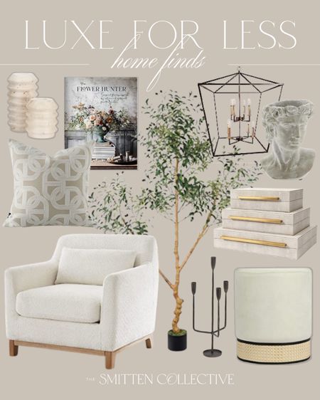 Luxe for less from Amazon includes faux tree, shagreen leather decorative boxes, iron candelabra, coffee table book, ottoman, throw pillow, pendant light fixture, Greek statue, candle holders.

Home decor, looks for less, home accents, luxe for less, Amazon finds

#LTKfindsunder100 #LTKstyletip #LTKhome