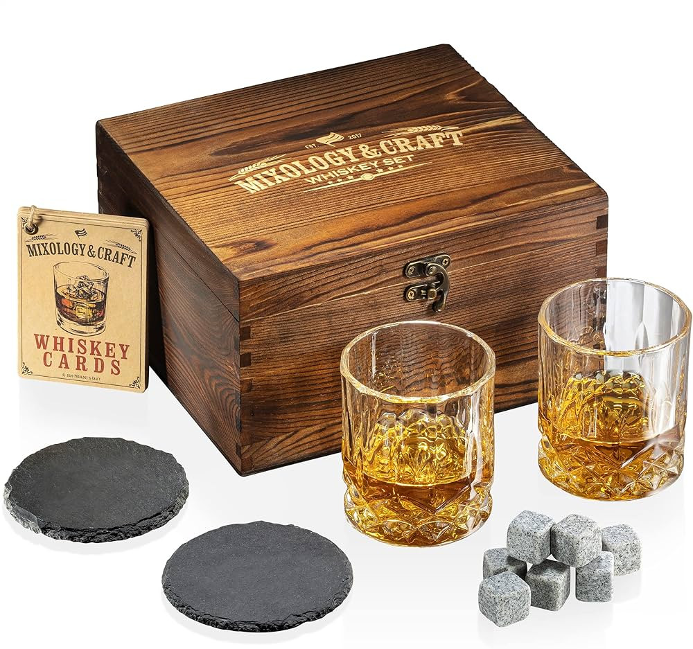 Mixology & Craft Whiskey Stones Gift Set for Men | Pack of 2, 10 oz Whiskey Glasses w/ 8 Granite ... | Amazon (US)