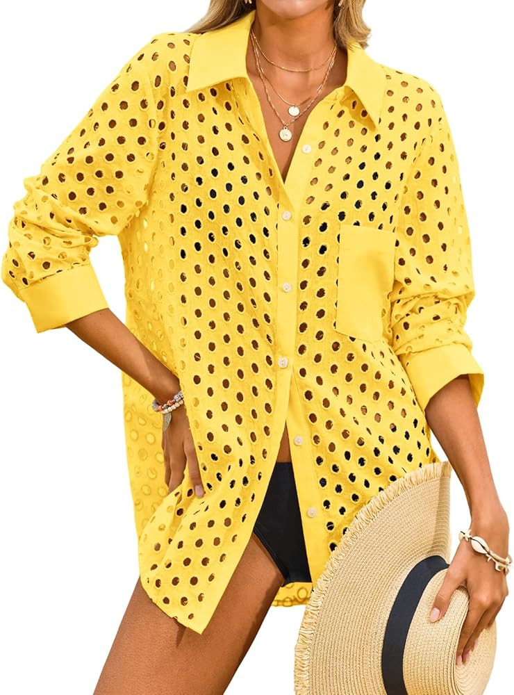 Fisoew Womens Hollow Out Swimsuit Coverup Shirt Button Down Bathing Suit Cover Ups Beachwear | Amazon (US)