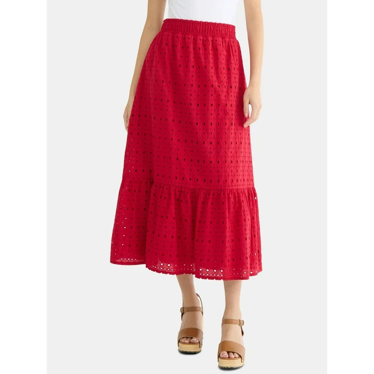Time and Tru Woman's Cotton Eyelet Tiered Midi Skirt with Elastic Waistband, Sizes XS-XXXL | Walmart (US)