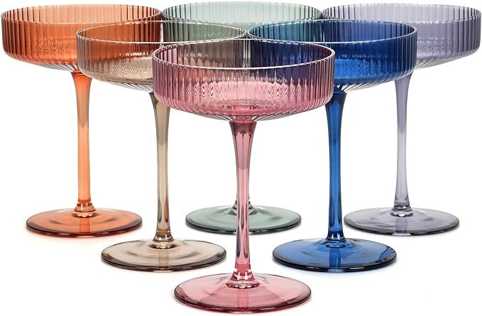 Chouggo Vintage Art Deco Colored Coupe Glasses Set of 6 with Premium Gift Box, Ribbed Crystal Han... | Amazon (US)