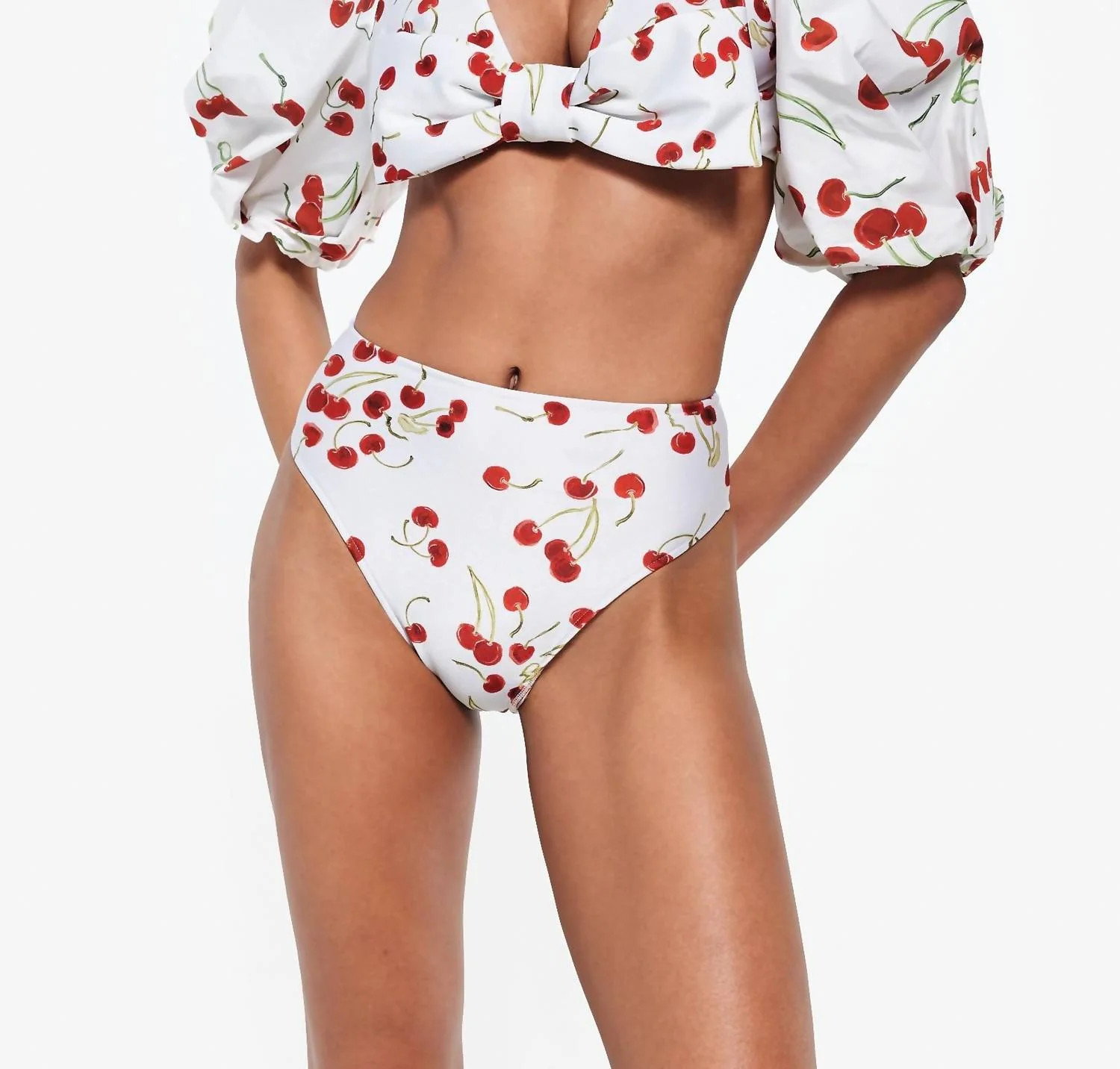 Cherry Bomb Puff-Sleeved Bikini Top In Off White | Shop Simon