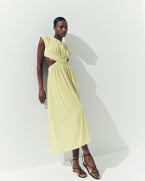 Pleated Cut Out Cap Sleeve Maxi Dress | Express