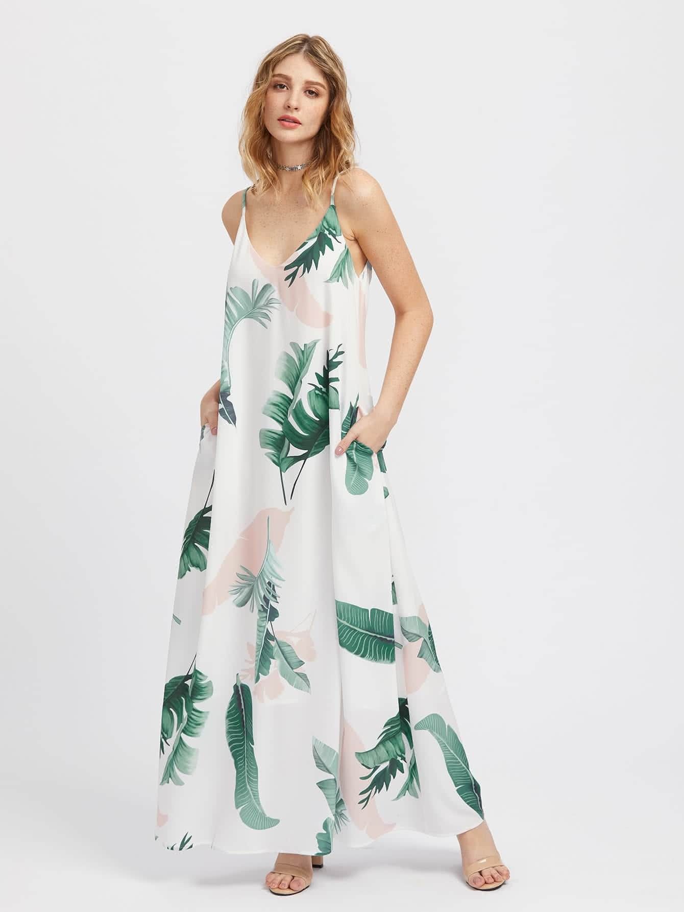 Jungle Leaf Print Hidden Pocket Side Cami Dress | SHEIN