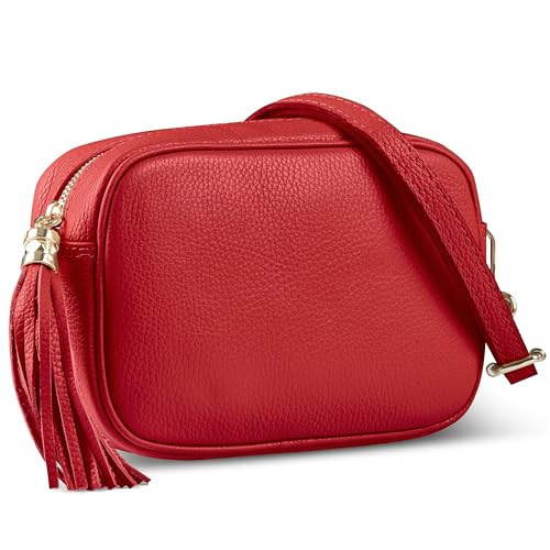 Italian Genuine Leather Crossbody Bag for Women with Zipper, Strap & Tassel | Small Camera Purse Shoulder Handbag Pocketbook (Red) | Amazon (US)