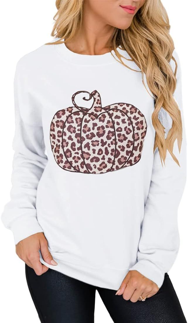 Jeemery Women's Halloween Leopard Print Pumpkin Graphic Sweatshirts Crewneck Long Sleeve Casual L... | Amazon (US)