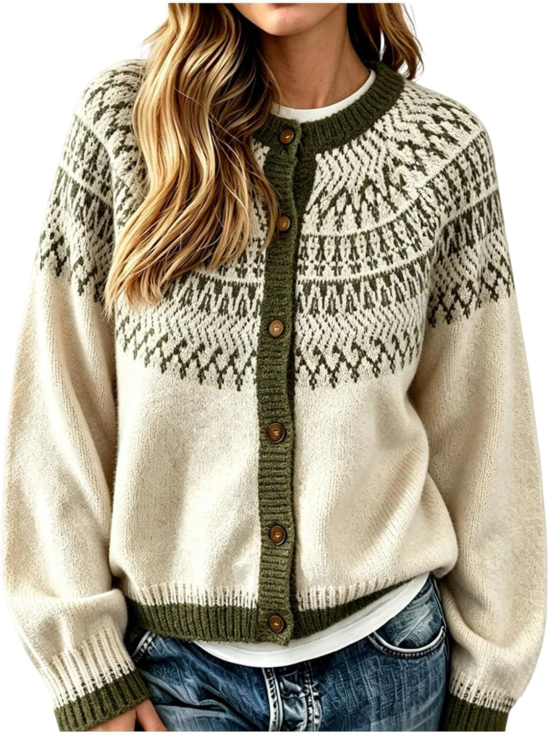 Women Fair Isle Cardigan Sweater Nordic Cable Knit Pullover | Amazon (US)