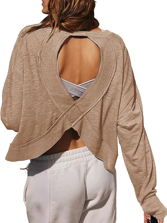 Women's Open Back Workout Crop Top Long Sleeve Casual Athletic Shirts Yoga Tee | Amazon (US)