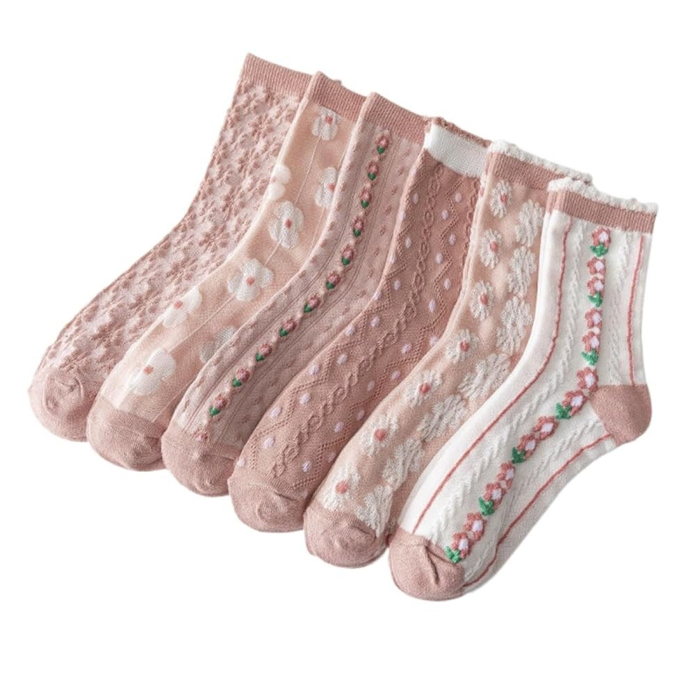 6 Pairs Floral Crew Socks for Women Cute Flower Patterned Vintage Fancy Cottagecore Cotton Socks | Amazon (US)