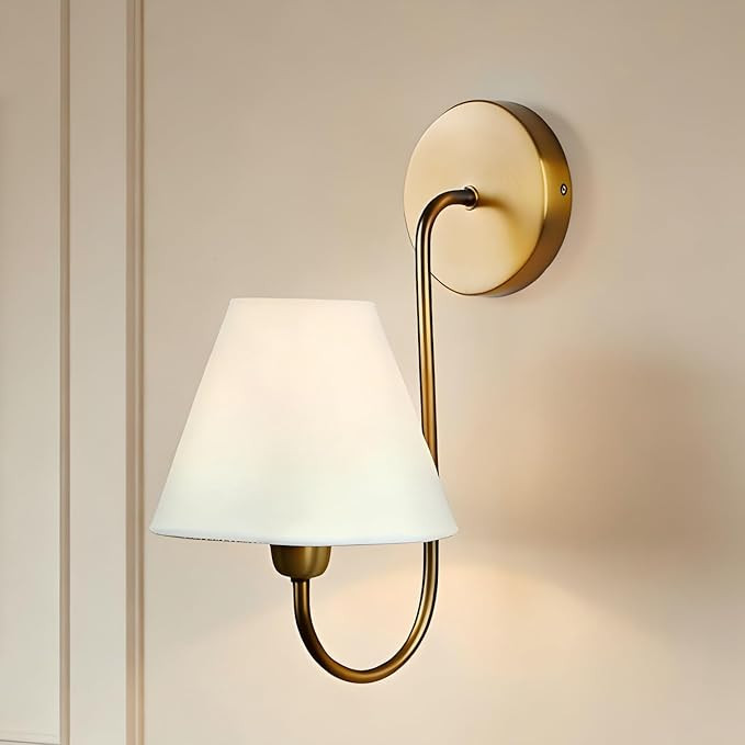14" Wainwright Single Swoop Wall Sconce, Vanity Light with White Linen Shade & Brass Gooseneck Ar... | Amazon (US)