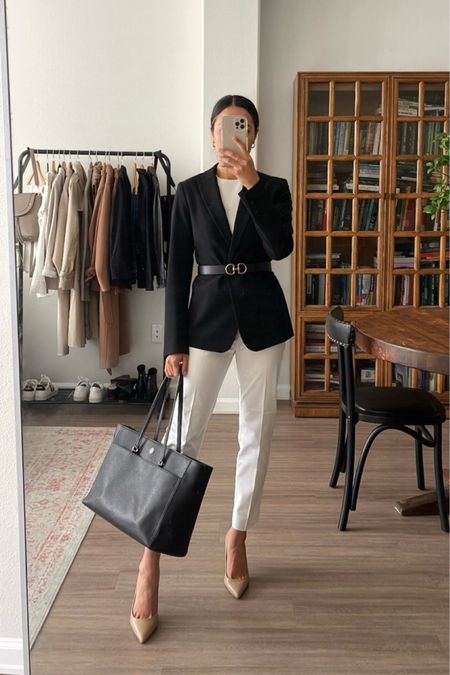 Black and white workwear 

Ann Taylor blazer 00R
MMLaFleur white top xs
Ann Taylor white ankle pants 00 - these pants don’t come in petite so they are a little small, if you are petite I recommend sizing down, linked similar pants as well! 
Mila pumps 
Tory Burch laptop tote - old style, linked new 

#LTKunder100 #LTKworkwear