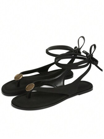 Womens Lace Up Sandals Metal Hoop Thong Sandals Strappy Flat Sandals For Women Summer Beach Sandals Dreesy Wide Width Sandals | SHEIN