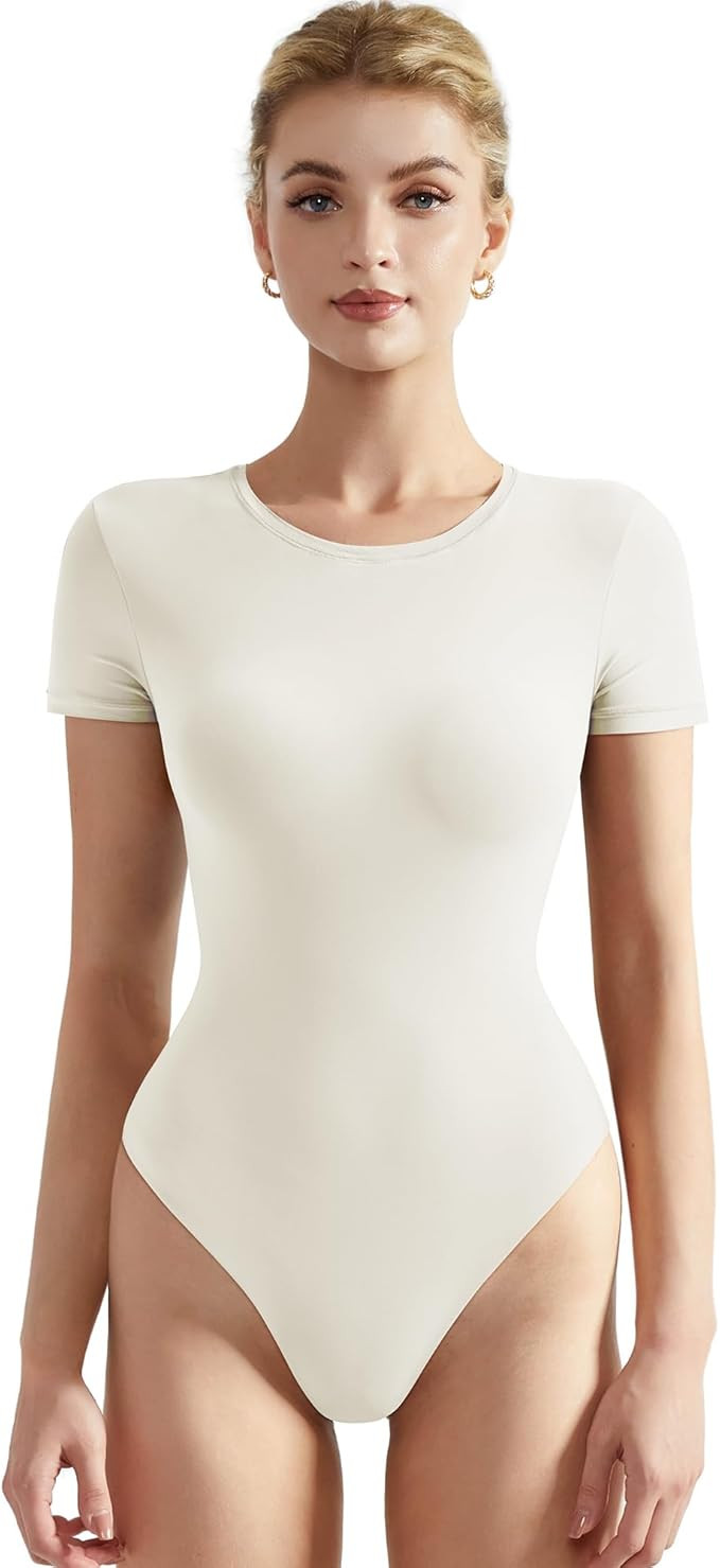 SUUKSESS Women Crew Neck Short Sleeve Thong Bodysuit Shirts Basic Top | Amazon (US)