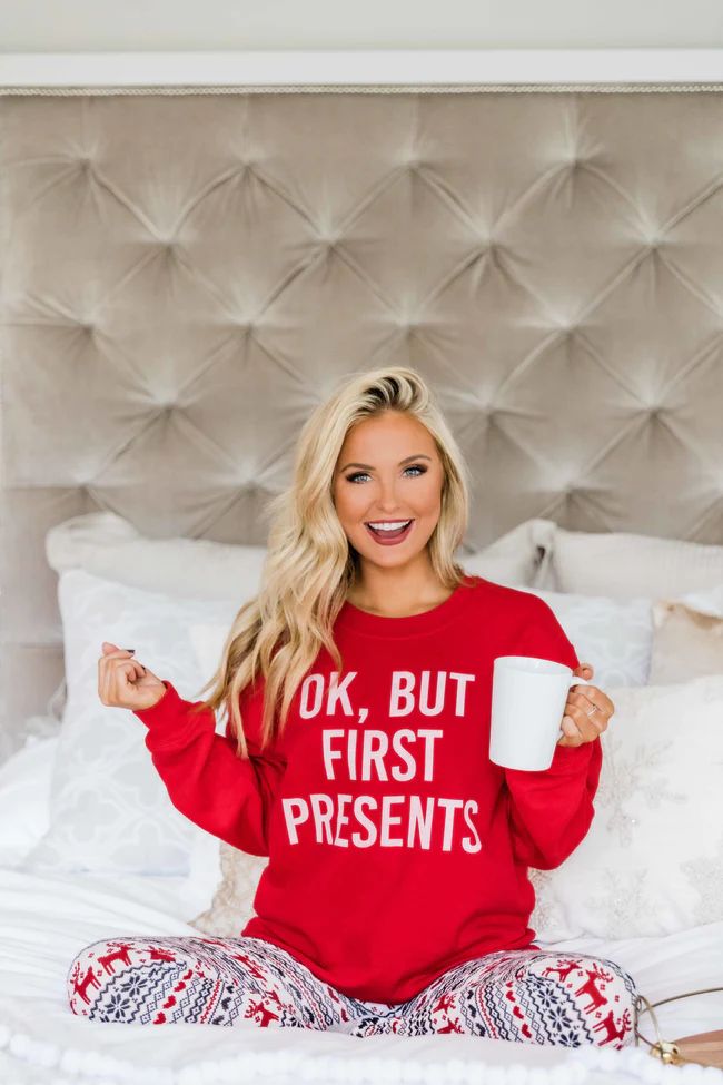 OK, But First Presents Graphic Sweatshirt | The Pink Lily Boutique