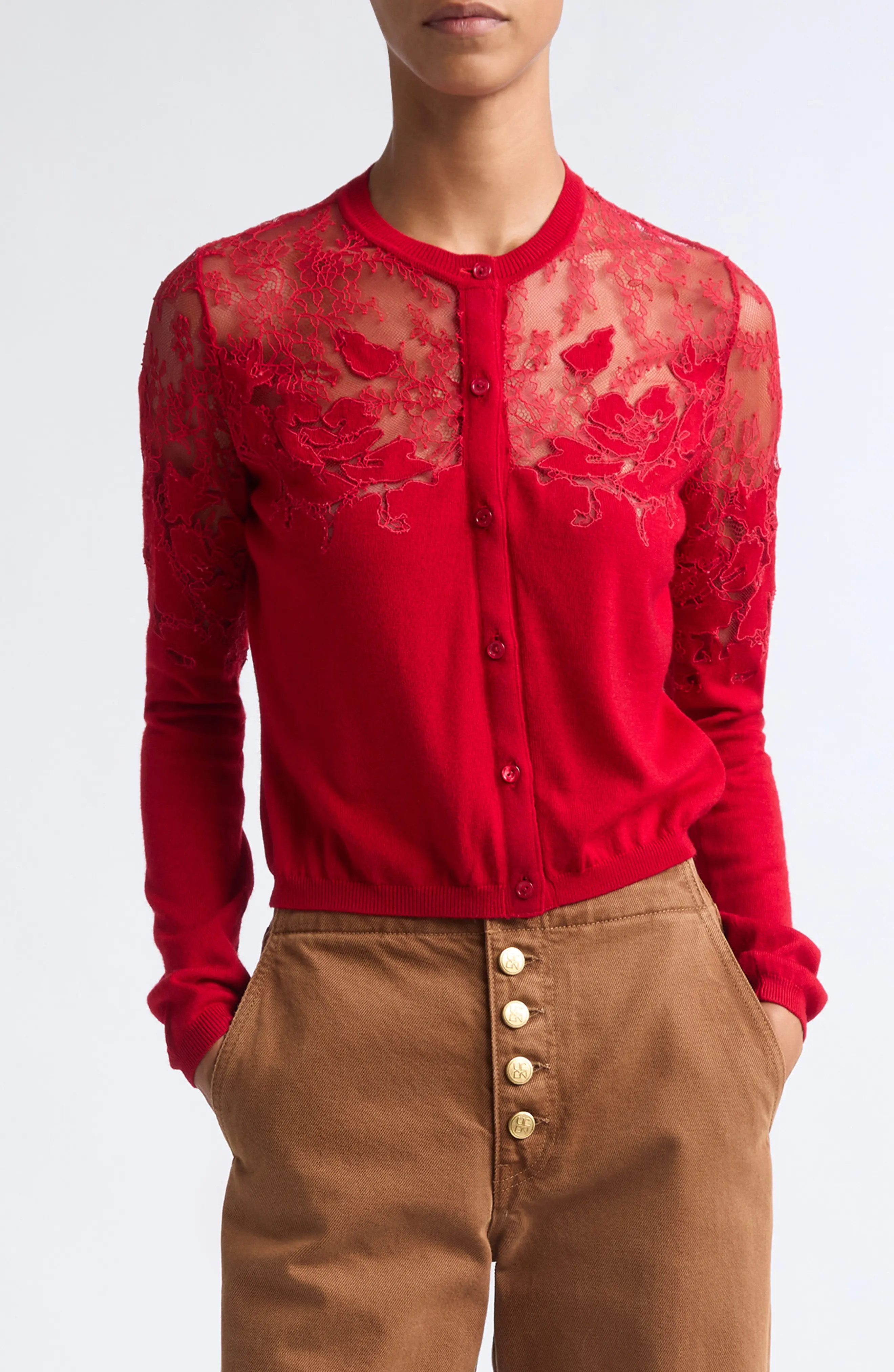 Ulla Johnson Talia Lace Cardigan in Cerise at Nordstrom, Size Medium | Nordstrom
