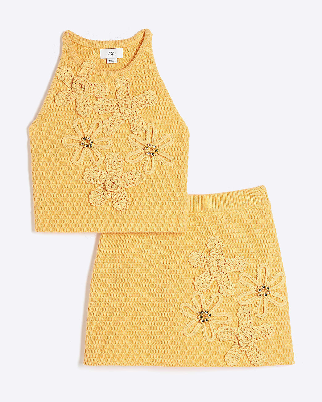 Girls Orange Crochet Floral Top & Skirt Set | River Island UK & IE