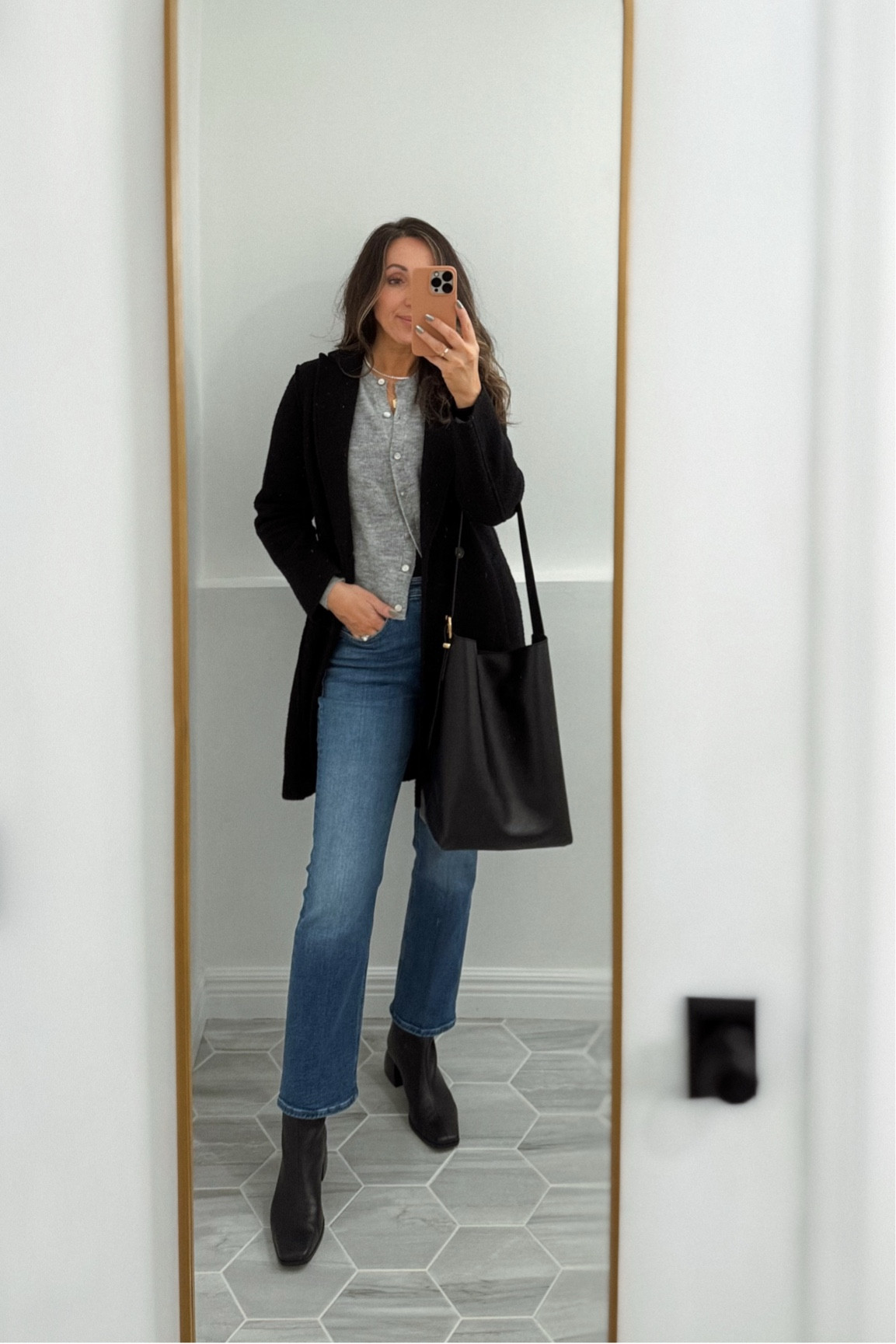 The chicest booties run true to size for me.  
Black wool coat has been a fave for years - wearing xs.  
Jeans in my true size but if you’re in between sizes - size down. They have a nice amount of stretch to them. Linking a similar style for less from J Crew. 
Madewell Cardigan in xs (might be sold out). Linking more great options  


#LTKShoeCrush #LTKStyleTip #LTKSeasonal