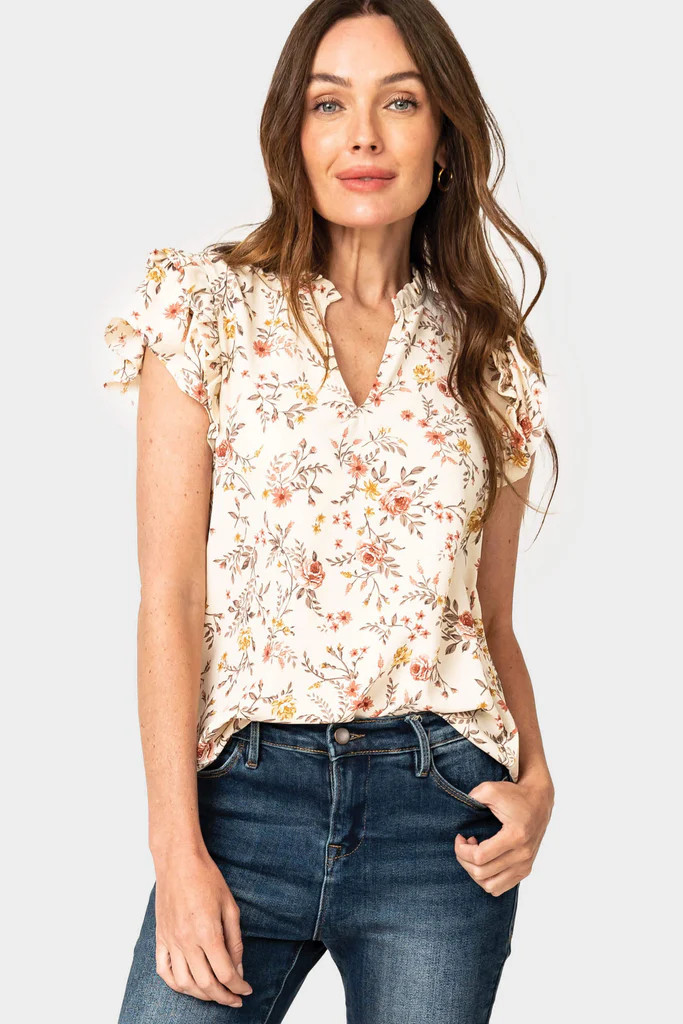 Split Neck Flutter Sleeve Blouse | Gibson