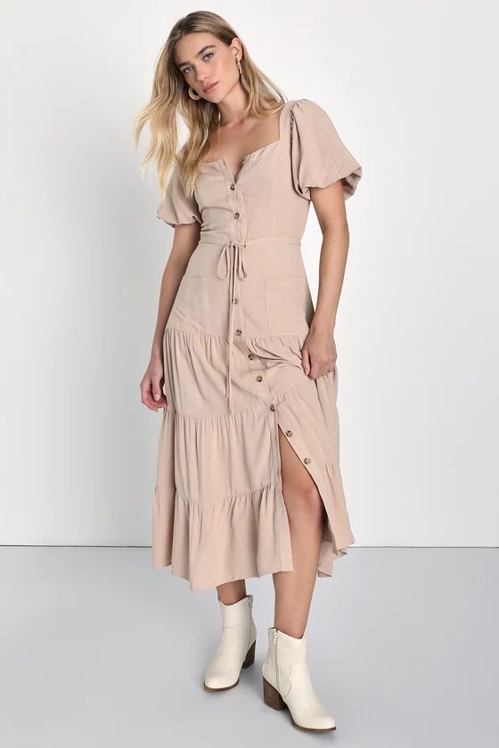 Got All That Beige Puff Sleeve Tiered Midi Dress With Pockets | Lulus (US)
