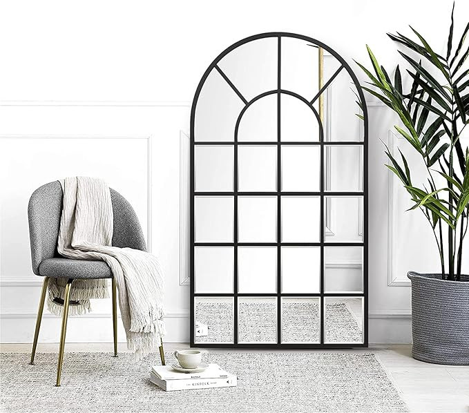 Black Arched Window Mirror, Large Window Pane Mirror with Beveled, Metal Framed Windowpane Mirror... | Amazon (US)