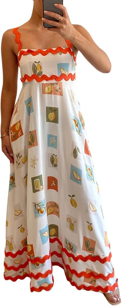 Women Printed Swing Dress Spaghetti Strap Sleeveless Dress Summer Flowy A-Line Dress Y2k Long Dre... | Amazon (US)