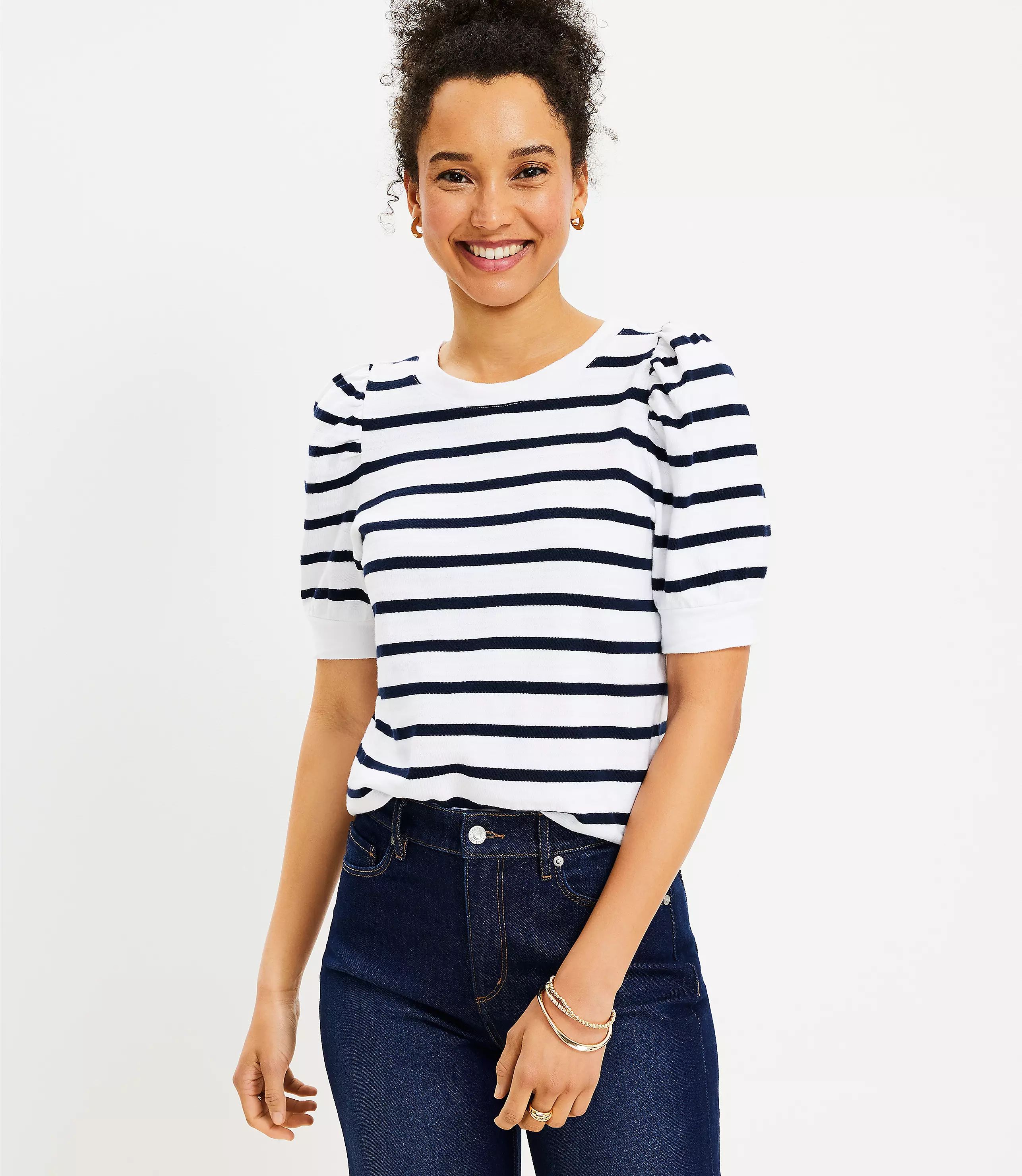 Petite Striped Puff Sleeve Sweatshirt | LOFT