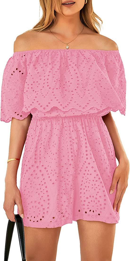 PRETTYGARDEN Women's Embroidery Rompers Dressy 2023 Summer Casual Off Shoulder Ruffle Shorts Jump... | Amazon (US)