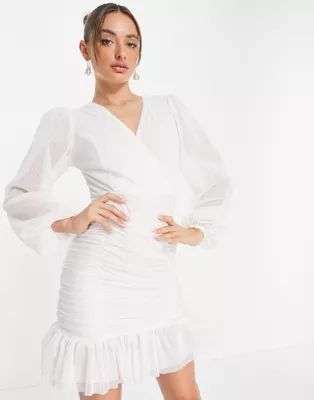 Trendyol wrap front mini dress with mesh balloon sleeves in white | ASOS (Global)