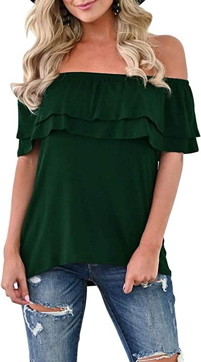 KEEDONE Women's Casual Off Shoulder Ruffle Tops Short Sleeve T Shirts Loose Summer Blouses Shirt | Amazon (US)