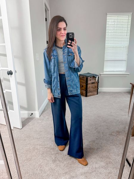 Daily Look | Spring outfit idea | navy trouser, striped tee, long denim jacket, woven flats 

#LTKstyletip