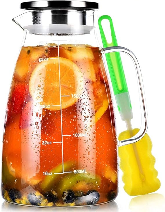 Aofmee Glass Pitcher, 68oz Water Pitcher with Lid and Precise Scale Line, 18/8 Stainless Steel Ic... | Amazon (US)