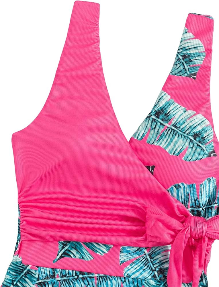 SweatyRocks Women's One Piece Bathing Suits V Neck Tie Front Color Block Swimsuit Swimwear Monokini | Amazon (US)