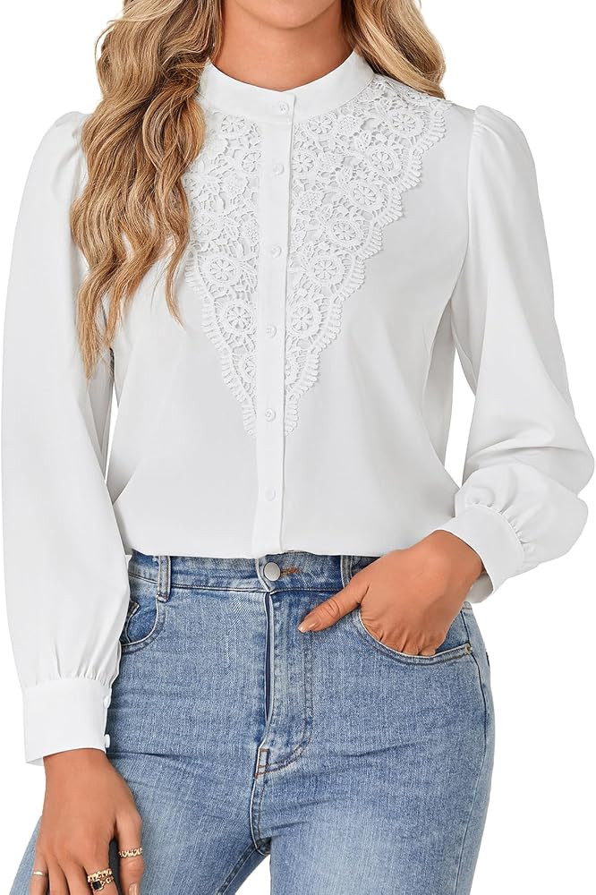 Rooscier Blusa elegante de manga larga con botones y encaje para mujer, ropa de otoño | Amazon (US)