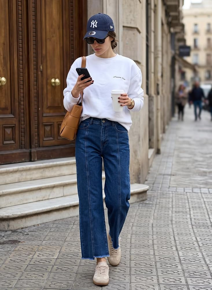 Sidefeel Cropped Jeans for Women Wide Straight Leg Denim Stretch Pants | Amazon (US)