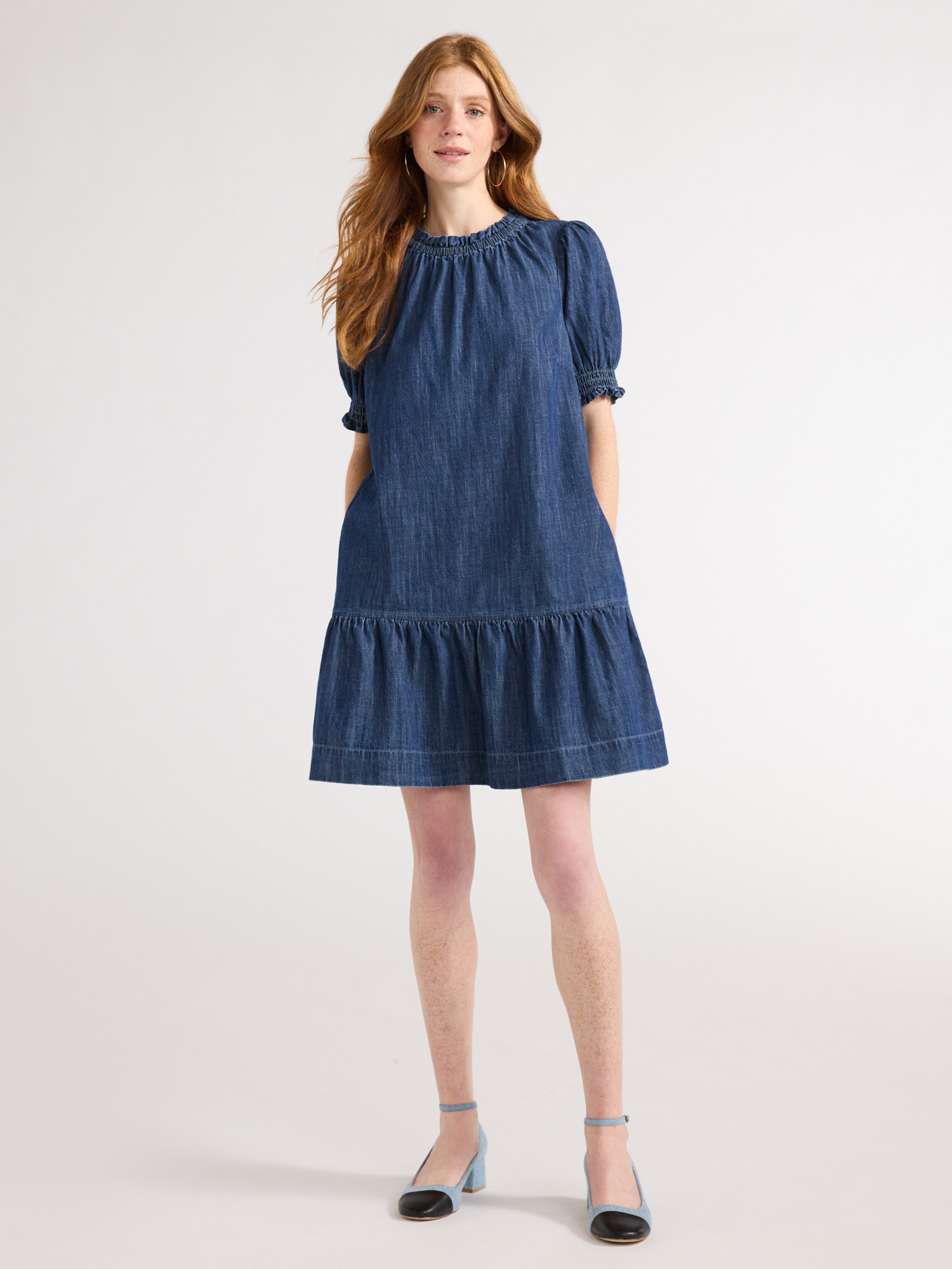 Free Assembly Women’s Denim Ruffle Mini Dress with Puff Sleeves, Sizes XS-XXL | Walmart (US)