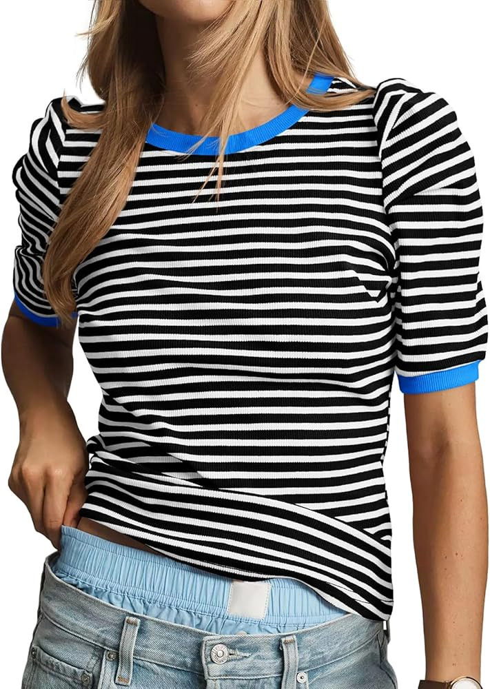 Tankaneo Womens Short Puff Sleeve Tops Trendy Striped Color Block T Shirts Crewneck Casual Shirts | Amazon (US)
